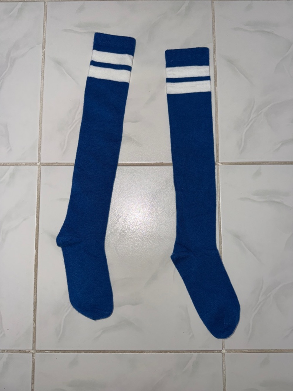 Classic Blue Knee-High Athletic Socks with White Stripes